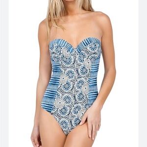 Volcom  Dark Blue and White One Piece Swimsuit with Sweetheart Neckline